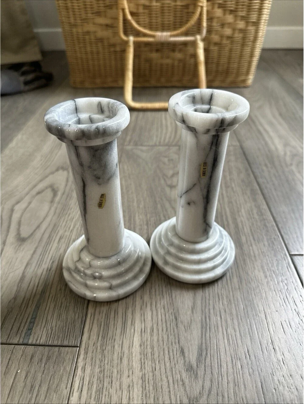 Vintage Pair Of Solid Marble Heavy Candlestick Holders Made In Taiwan 1970s-1990